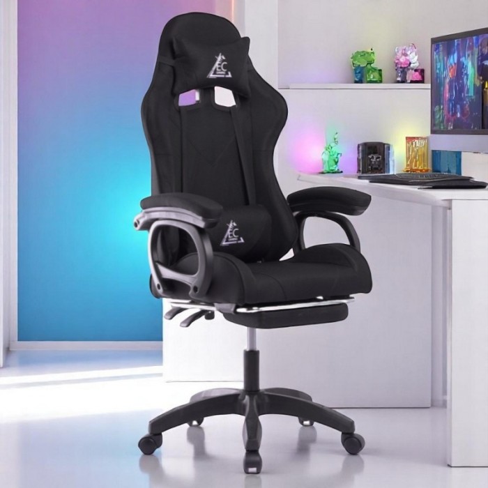 Комп'ютерне геймерське ігрове крісло з масажною подушкою, підніжкою та тканинною оббивкою SNAKE Premium Чорне