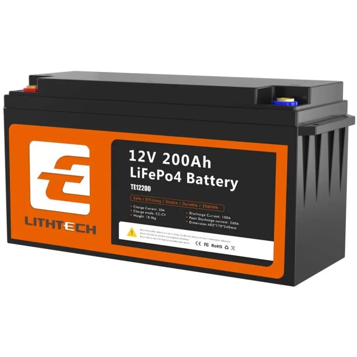 LiFePO4 12V/200Ah Акумулятор Lithtech з Bluetooth, функцією підігріву, BMS для резервного живлення