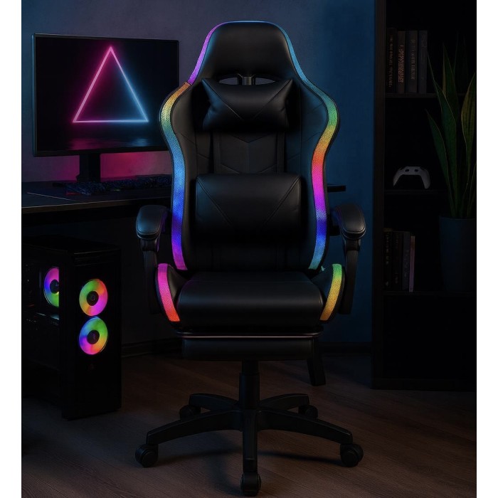 Крісло геймерське ProGame з RGB підсвіткою GX-150, підставка для ніг, комп'ютерне ігрове