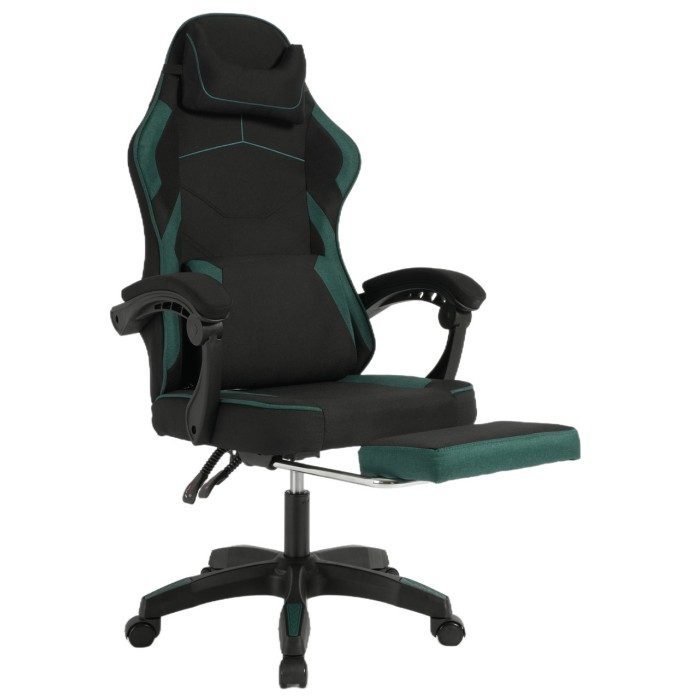 Геймерське крісло Vector: тканинна оббивка, масажна подушка, висувна підніжка, чорно-зелене