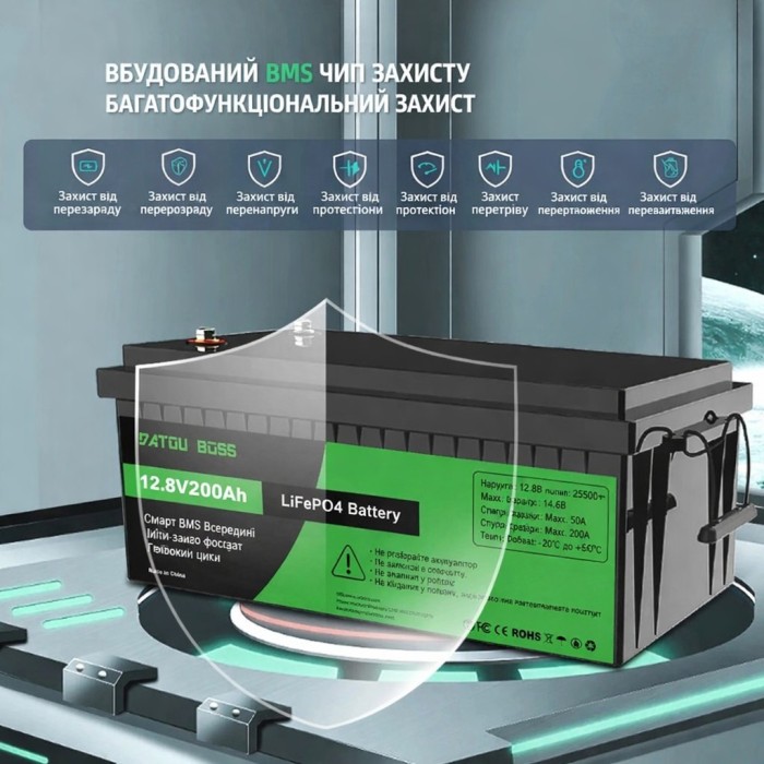 LiFePO4 12V 200Ah акумулятор Datouboss літій-залізо-фосфатний для систем безперебійного живлення будинку