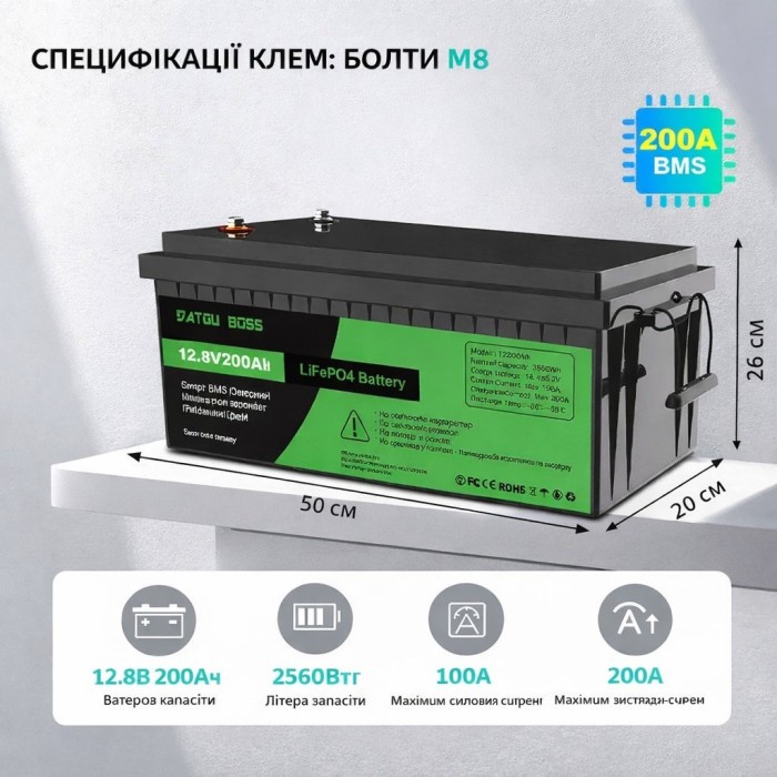 LiFePO4 12V 200Ah акумулятор Datouboss літій-залізо-фосфатний для систем безперебійного живлення будинку