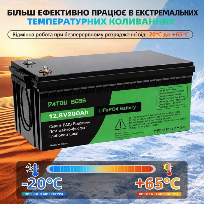 LiFePO4 12V 200Ah акумулятор Datouboss літій-залізо-фосфатний для систем безперебійного живлення будинку
