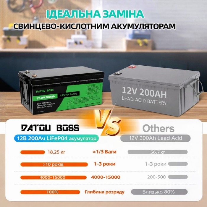 LiFePO4 12V 200Ah акумулятор Datouboss літій-залізо-фосфатний для систем безперебійного живлення будинку