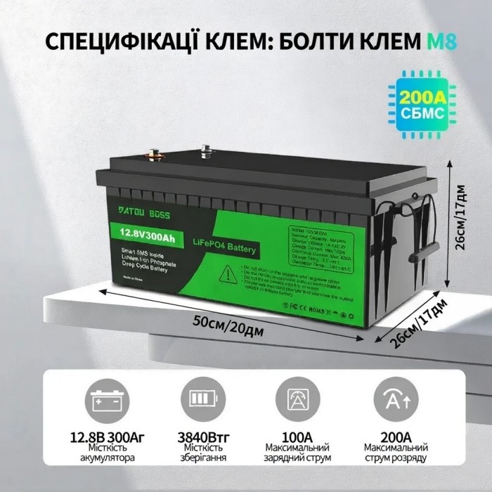 LiFePO4 12V/300AH Акумулятор Datouboss (3840W*h) для систем резервного живлення (UPS) будинку