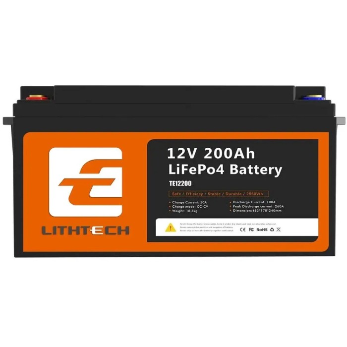 LiFePO4 12V/200Ah Акумулятор Lithtech з Bluetooth, функцією підігріву, BMS для резервного живлення
