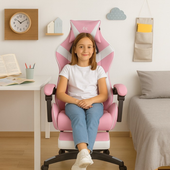 Геймерське крісло для дівчат із масажною подушкою і підставкою EC GAMING Рожеве Комп'ютерне ігрове