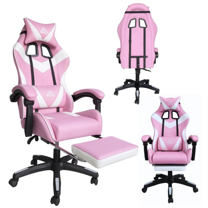 Геймерське крісло для дівчат із масажною подушкою і підставкою EC GAMING Рожеве Комп'ютерне ігрове