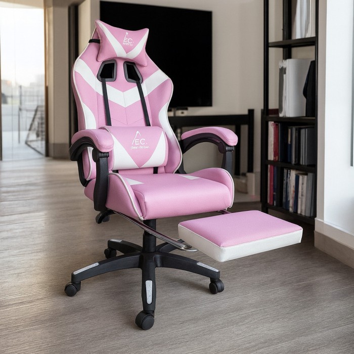 Геймерське крісло для дівчат із масажною подушкою і підставкою EC GAMING Рожеве Комп'ютерне ігрове