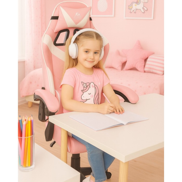 Геймерське крісло для дівчат із масажною подушкою і підставкою EC GAMING Рожеве Комп'ютерне ігрове