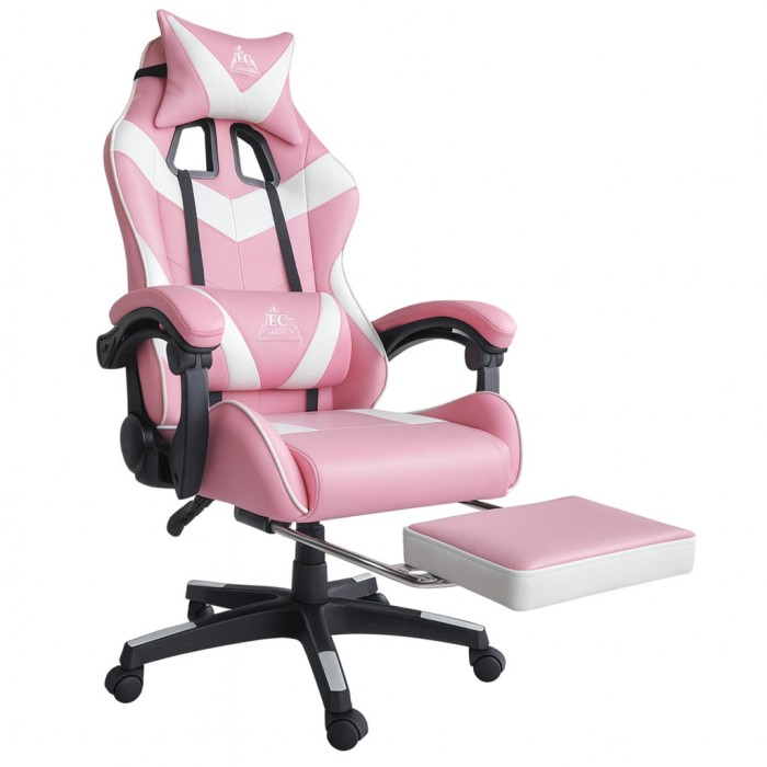 Геймерське крісло для дівчат із масажною подушкою і підставкою EC GAMING Рожеве Комп'ютерне ігрове
