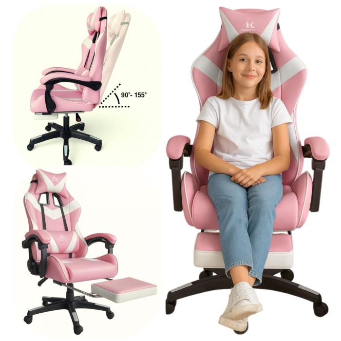 Геймерське крісло для дівчат із масажною подушкою і підставкою EC GAMING Рожеве Комп'ютерне ігрове