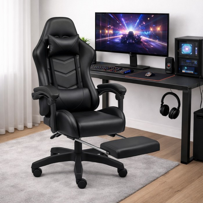 Оригінальне геймерське крісло до 130 кг з масажною подушкою, підніжкою ThroneX чорне