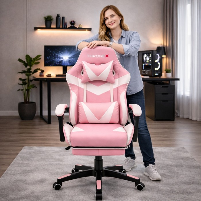 Оригінальне геймерське крісло до 130 кг з масажною подушкою, підніжкою ThroneX рожево-біле