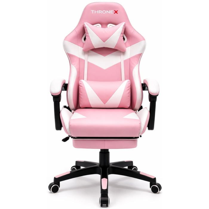 Оригінальне геймерське крісло до 130 кг з масажною подушкою, підніжкою ThroneX рожево-біле