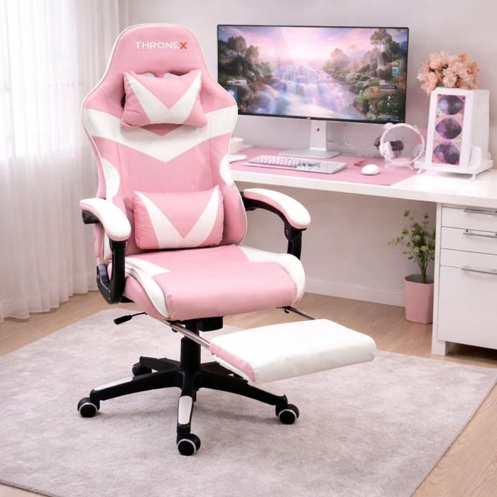 Оригінальне геймерське крісло до 130 кг з масажною подушкою, підніжкою ThroneX рожево-біле