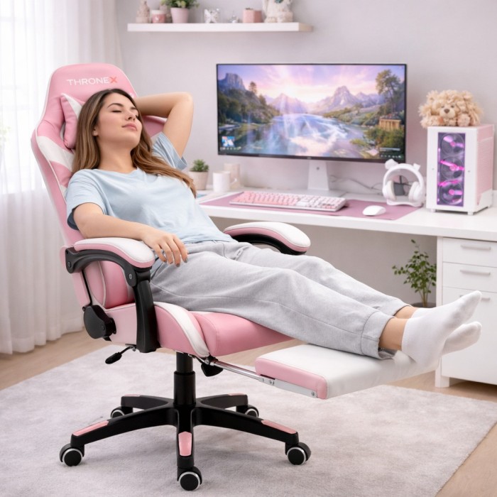 Оригінальне геймерське крісло до 130 кг з масажною подушкою, підніжкою ThroneX рожево-біле