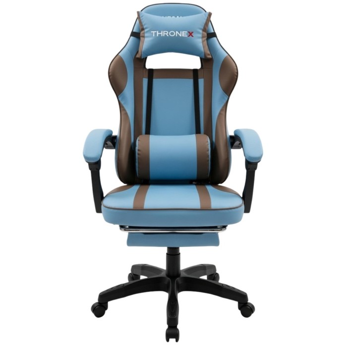 Дизайнерське геймерське крісло до 130 кг з масажною подушкою, підніжкою ThroneX блакитне з коричневим PVC 007