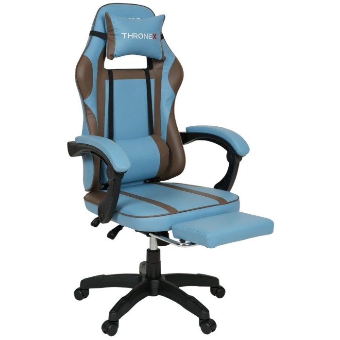 Дизайнерське геймерське крісло до 130 кг з масажною подушкою, підніжкою ThroneX блакитне з коричневим PVC 007