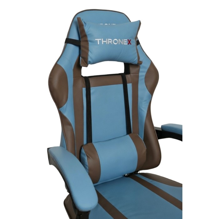 Дизайнерське геймерське крісло до 130 кг з масажною подушкою, підніжкою ThroneX блакитне з коричневим PVC 007