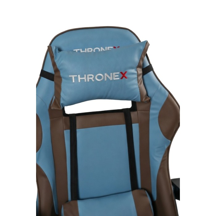Дизайнерське геймерське крісло до 130 кг з масажною подушкою, підніжкою ThroneX блакитне з коричневим PVC 007