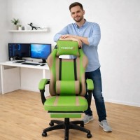 Дизайнерське геймерське крісло до 130 кг з масажною подушкою, підніжкою ThroneX cалатове з бежевим PVC 004