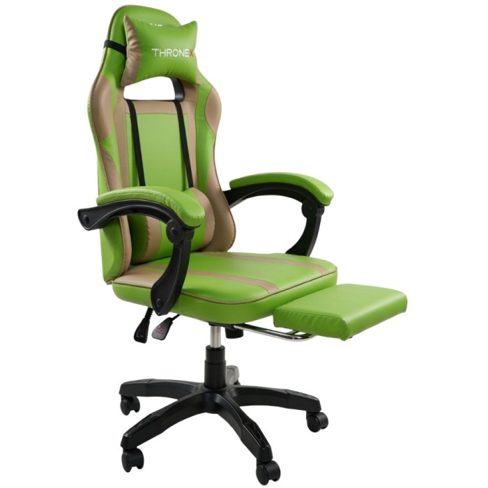Дизайнерське геймерське крісло до 130 кг з масажною подушкою, підніжкою ThroneX cалатове з бежевим PVC 004