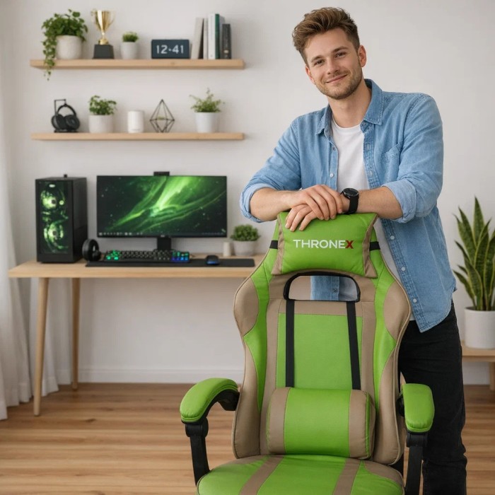 Дизайнерське геймерське крісло до 130 кг з масажною подушкою, підніжкою ThroneX cалатове з бежевим PVC 004