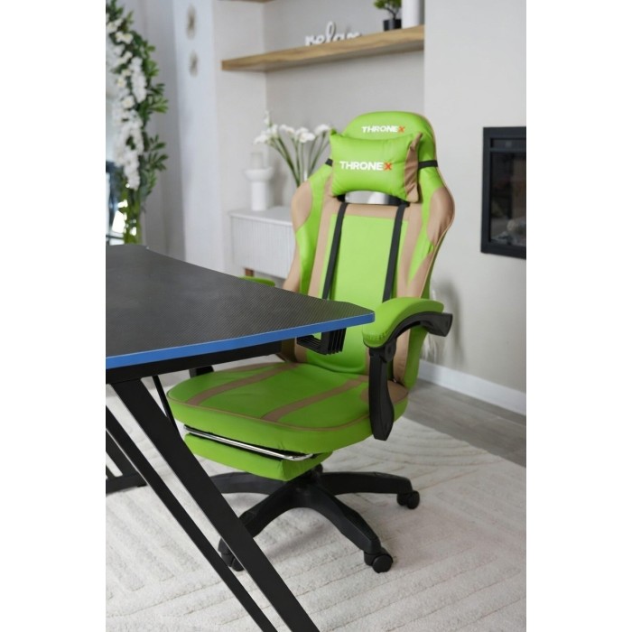 Дизайнерське геймерське крісло до 130 кг з масажною подушкою, підніжкою ThroneX cалатове з бежевим PVC 004