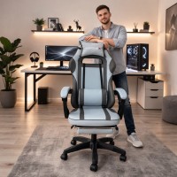 Дизайнерське геймерське крісло до 130 кг з масажною подушкою, підніжкою ThroneX світло-сіре з графітом PVC 003