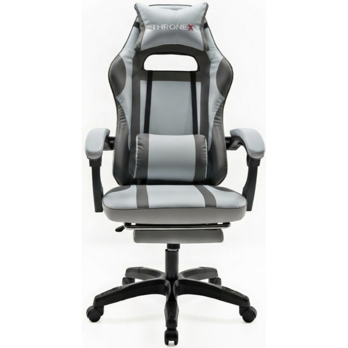 Дизайнерське геймерське крісло до 130 кг з масажною подушкою, підніжкою ThroneX світло-сіре з графітом PVC 003