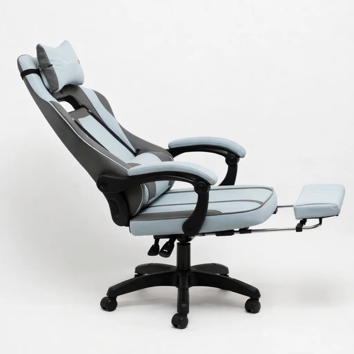 Дизайнерське геймерське крісло до 130 кг з масажною подушкою, підніжкою ThroneX світло-сіре з графітом PVC 003
