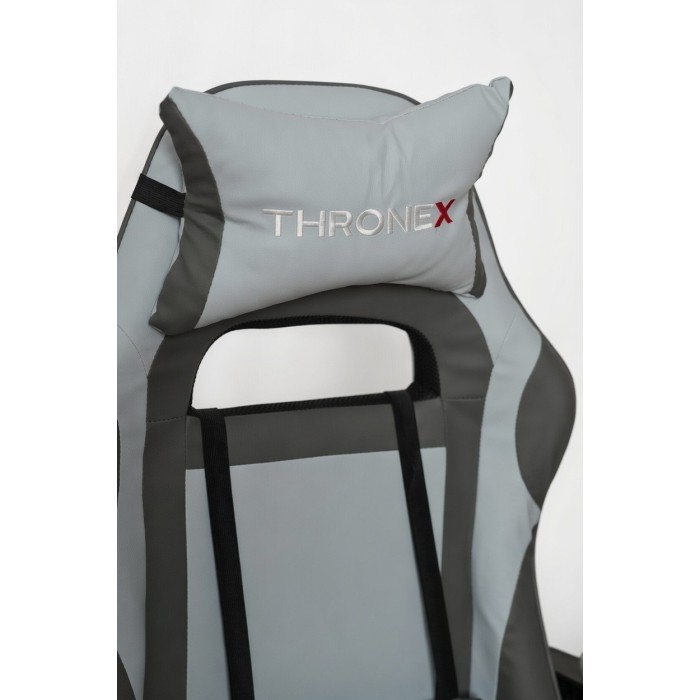 Дизайнерське геймерське крісло до 130 кг з масажною подушкою, підніжкою ThroneX світло-сіре з графітом PVC 003