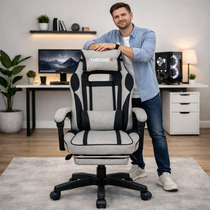 Дизайнерське геймерське крісло з тканини до 130 кг з масажною подушкою, підніжкою ThroneX сіре з чорним linen 001