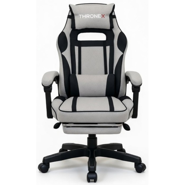 Дизайнерське геймерське крісло з тканини до 130 кг з масажною подушкою, підніжкою ThroneX сіре з чорним linen 001