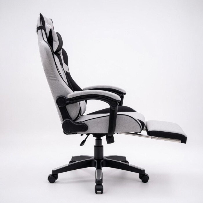 Дизайнерське геймерське крісло з тканини до 130 кг з масажною подушкою, підніжкою ThroneX сіре з чорним linen 001