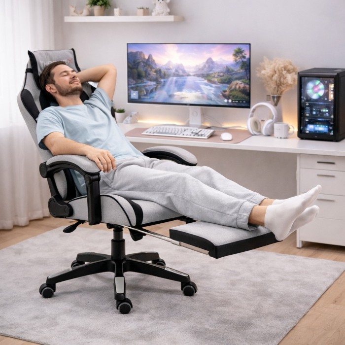 Дизайнерське геймерське крісло з тканини до 130 кг з масажною подушкою, підніжкою ThroneX сіре з чорним linen 001