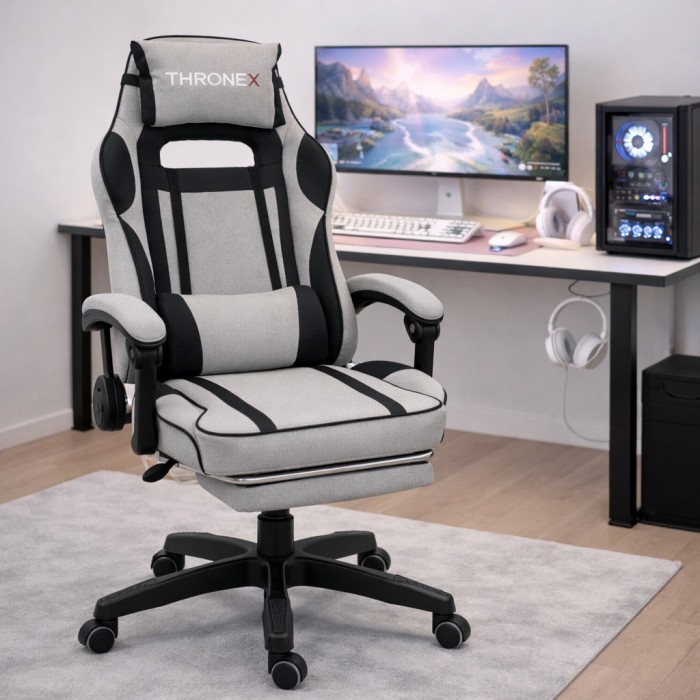 Дизайнерське геймерське крісло з тканини до 130 кг з масажною подушкою, підніжкою ThroneX сіре з чорним linen 001
