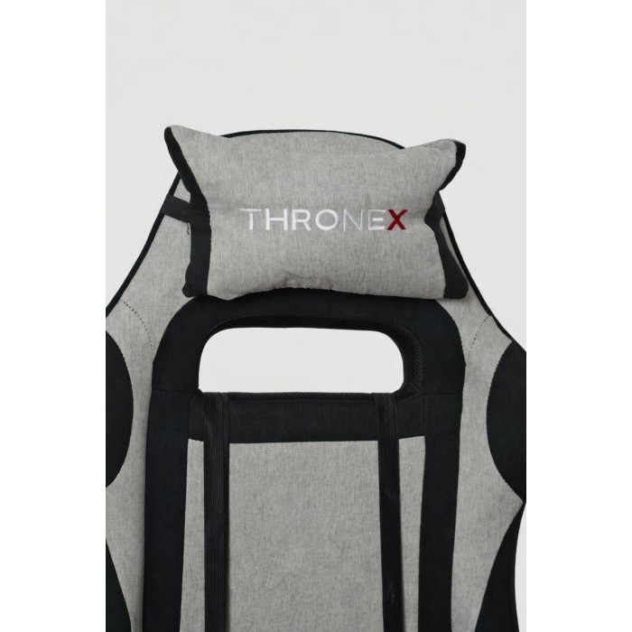 Дизайнерське геймерське крісло з тканини до 130 кг з масажною подушкою, підніжкою ThroneX сіре з чорним linen 001