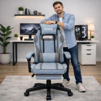 Дизайнерське геймерське крісло з тканини до 130 кг з масажною подушкою, підніжкою ThroneX блакитне з сірим linen 007