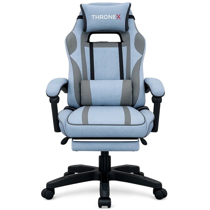 Дизайнерське геймерське крісло з тканини до 130 кг з масажною подушкою, підніжкою ThroneX блакитне з сірим linen 007