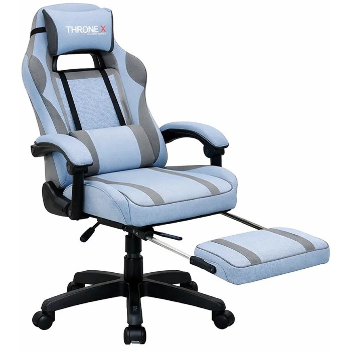 Дизайнерське геймерське крісло з тканини до 130 кг з масажною подушкою, підніжкою ThroneX блакитне з сірим linen 007