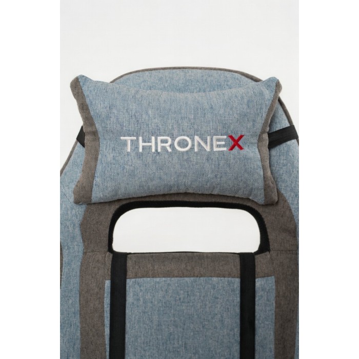 Дизайнерське геймерське крісло з тканини до 130 кг з масажною подушкою, підніжкою ThroneX блакитне з сірим linen 007