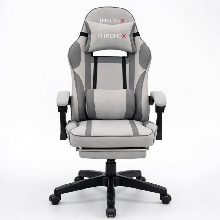 Дизайнерське геймерське крісло з тканини до 130 кг з масажною подушкою, підніжкою ThroneX світло-сірий з графітом linen 005