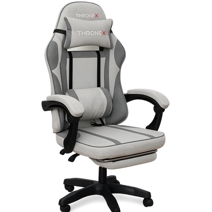 Дизайнерське геймерське крісло з тканини до 130 кг з масажною подушкою, підніжкою ThroneX світло-сірий з графітом linen 005