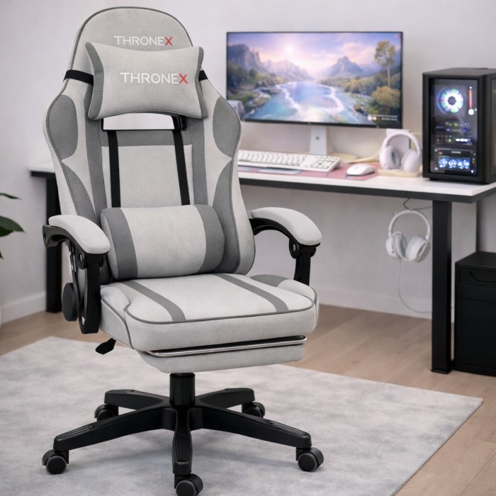 Дизайнерське геймерське крісло з тканини до 130 кг з масажною подушкою, підніжкою ThroneX світло-сірий з графітом linen 005