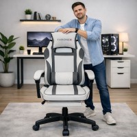Дизайнерське геймерське крісло до 130 кг з масажною подушкою, підніжкою ThroneX біле з графітом PVC 002