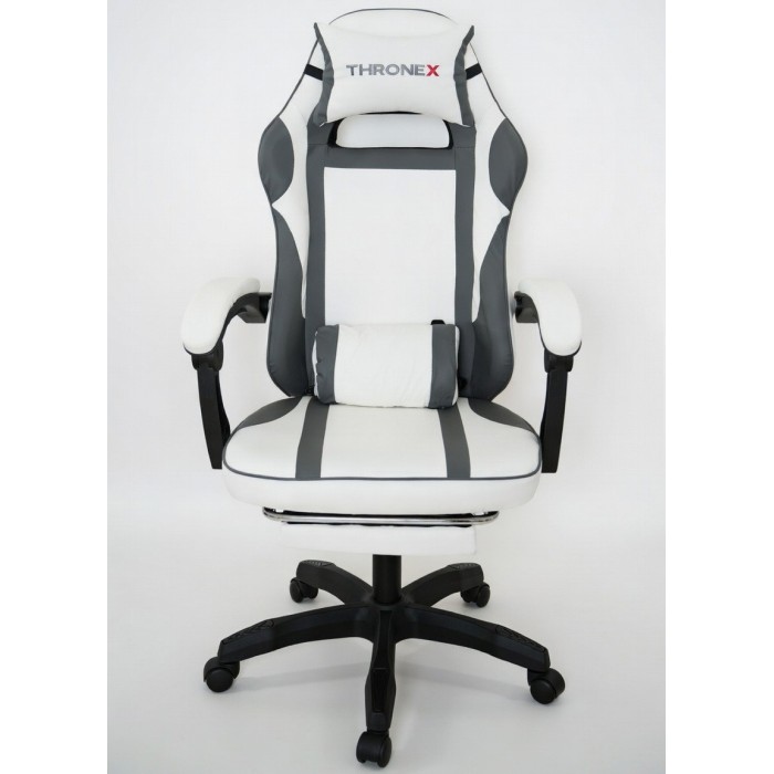 Дизайнерське геймерське крісло до 130 кг з масажною подушкою, підніжкою ThroneX біле з графітом PVC 002