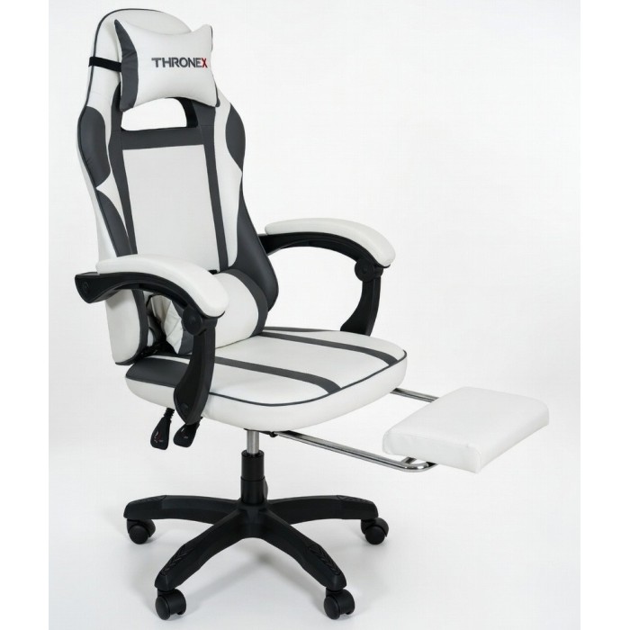 Дизайнерське геймерське крісло до 130 кг з масажною подушкою, підніжкою ThroneX біле з графітом PVC 002