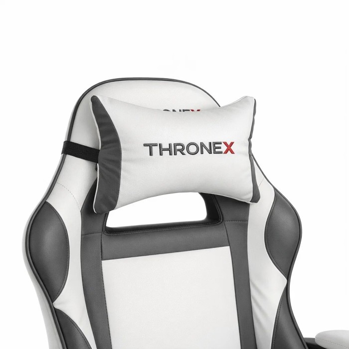 Дизайнерське геймерське крісло до 130 кг з масажною подушкою, підніжкою ThroneX біле з графітом PVC 002